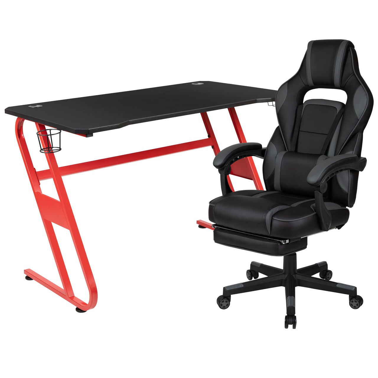 Emma and Oliver Gaming Bundle-Cup/Headphone Desk & Reclining Footrest Chair